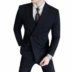 styl brytyjskiego podwójnie piersi kombinezon męski formalny busin Slim Fit Casual Suits Zestawy Mężczyzn Wedding Party Tuxedo 3 sztuki Zestaw Q850#