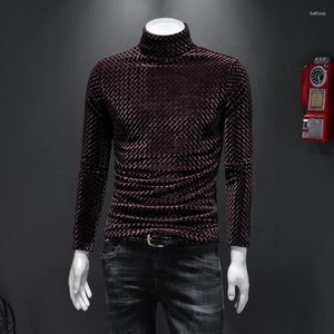 Men's T Shirts 2024 Autumn Korean Style Plaid Printed Velvet T-shirts Men Casual Slim Turtleneck Grid Printing Tee For M-5XL