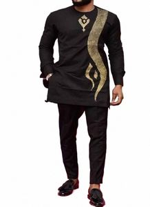 banquet Men's Clothing Embroidery Hot Gold Printing Suit Wedding Black Noble And Elegant Slim Lg Sleeve Top Pants 2-Piece Set k9Ex#