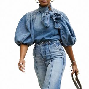 Azul Denim Top Mulheres Bolha Manga Butt Lace-up Roupas Fi Casual Elegante Arco Cinto Curto Jaqueta Streetwear Outono Inverno j72H #