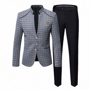 Höst- och vinter nya män Plaid Suit 2 bit svart / marinblå / grå herrbusin bröllopsfest dr Slim fit blazer och pan k9ok#