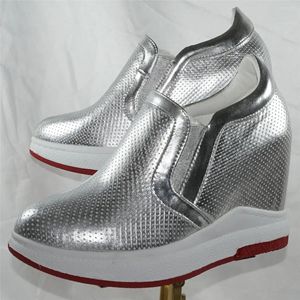 Casual Shoes Silver Platform Pumps Women Genuine Leather Wedges High Heel Vulcanized Female Round Toe Fashion Sneakers