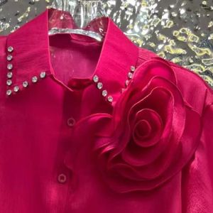 Kvinnor BLOUSES DIAMONDS 3D Flowers Stitch Camisas 2024 Summer Short Sleeve Shirts and For Women Sexy See- Through Tops Blusa