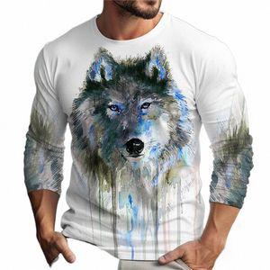 Mäns LG-ärmgrafisk tryckt-T-shirt, unisex tee, roliga T-skjortor, varg, besättningshals, blå 3D-tryck, dagliga semesterkläder, ny R5YB#