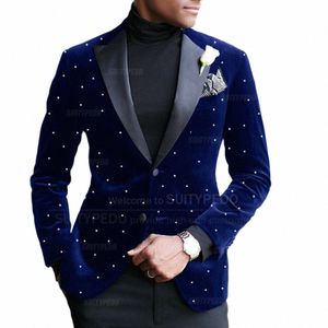 FI Navy Blue Veet Men Suit Set Evening Party Luxury Shiny Beads Blazer Formella aktiviteter Slim Fit Tuxedos Pants 2 Pieces J6VW#