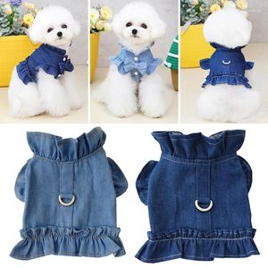 Abbigliamento per cani Classico con volant Gilet sul petto Giacca di jeans alla moda Cucciolo di gatto Chihuahua Pettorina per animali Gancio per guinzaglio Vestiti in denim blu