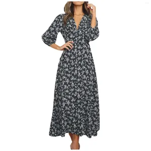 Casual Dresses Womens Long Sleeve Bohemian Floral Maxi Loose High midje Boho Printed Dress Beach Sukienki Damskie