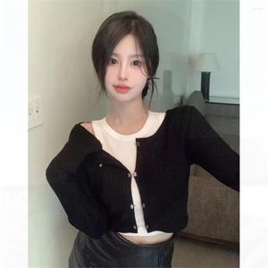 Women's Knits Asymmetrical Solid Knitted Crop Cardigan Sleevelees Tank Top Korean Women Casual Two Pieces Sets All Match Outfits Tops