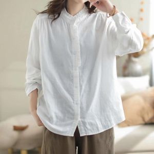 Kvinnors blusar kvinnor vintage långärmad skjorta 2024 vårvita skjortor fasta knappar ner blus casual tops Loose work blusas