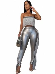 Sexy Metallic Quasten Hosen Set Frauen 2 Stück Geburtstag Outfits Clubwear Strapl Crop Top und Hosen Passenden Sets Y2k mujer W1xv #