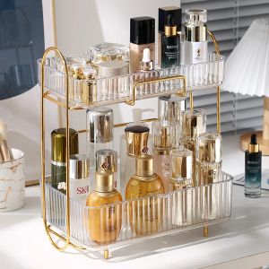 Scaffale da tavolo per organizer da bagno a doppio strato, scaffale per cosmetici in metallo, porta profumo impermeabile per rossetto e trucco per la cura della pelle