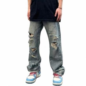 Cool Urban Jeans Streetwear Men's Ripped Hole Wide Ben Jeans med Multi Pockets Distred Detales for Casual Hip Hop Style Cool 882Q#
