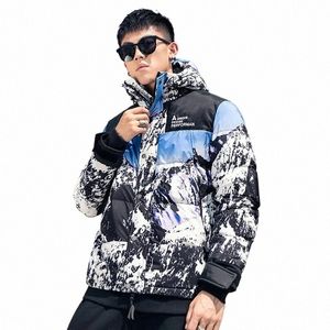 Mens Winter Down Jacket Outdoor Print Men Casual Fi Windproof Thick Warm Hooded White Duck Down Coat 06VS#