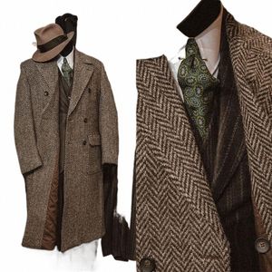 Marrone Lg Giacca Blazer Inverno Doppio Petto Abiti da uomo di lusso One Piece Chevr Signori Abiti Lg Cappotto Ropa Hombre A0PT #