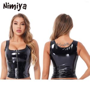 Tanques femininos Nimiya Womens Pure Wet Look Patent Leather Tank Tops com zíperes frontais U Neck Coletes sem mangas para bares Nightclub Pole