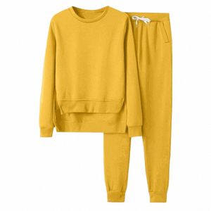 Mulheres Top Pant Terno Em Torno Do Pescoço Irregular Hem Lg Manga Solta T-shirt Calças Elásticas Outono Inverno Treino Senhora Roupas Esportivas e5Sz #