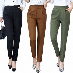 Calças elásticas combinando para mulheres, calças clássicas de harém, calças casuais com bolsos, calças finas de cintura alta H7EF Z3vs #