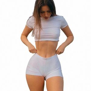 Mulheres Casual Slim Fit Shorts Set Sexy Outfits Adulto Sports Set Manga Curta Crew Neck Crop Top Shorts de cintura baixa para o verão B7oI #