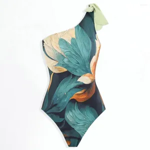 Kvinnors badkläder Kvinnor Mage Control Ink Målning Tryck baddräkt Floral Monokini kjol med en axel snörning för dam