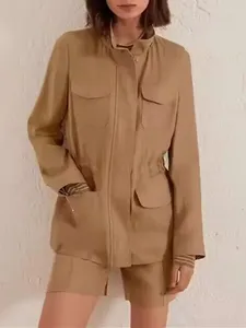 Женские куртки, женское льняное пальто с карманами на молнии, уличная дышащая повседневная куртка 2024, осенняя куртка с воротником-стойкой