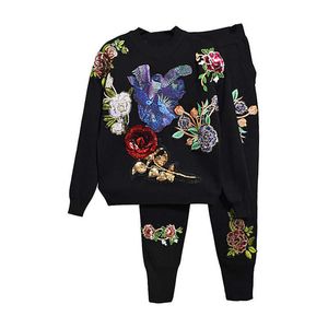 New Fashion Paillettes Girocollo Pullover Maglione Top e Pantaloni Set in due pezzi lavorato a maglia Donna Autunno Inverno