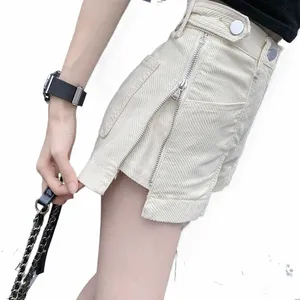 elegant design blixtlås shorts jeans kvinnor förlorar hög midja kort vaqueros ny sommar y2k beige byxor streetwear denim wide ben pant x8d3#