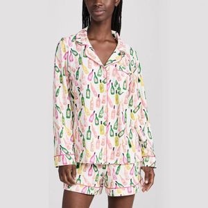 Home Clothing Hirigin Women's Summer Loungewear Set Cartoon Wine Bottle Print Long Sleeve Lapel Button Tops And Elastic Waist Shorts