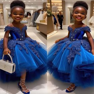 2024 Kraliyet Mavi Dantel Çiçek Kız Elbiseler Balo Elbise Tül Ters Lüks Küçük Kız Noel Peageant Doğum Günü Vaftiz Tutu Elbise Gowns