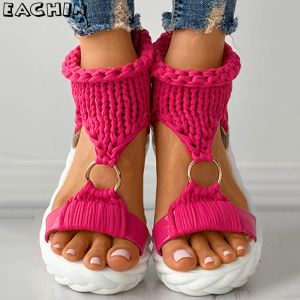 Sandals EACHIN Summer Women's Sandals Comfortable Knitted Oring Cutout Sandals Fashion Solid Color Flats Sexy Beach Shoes Outdoor Shoes