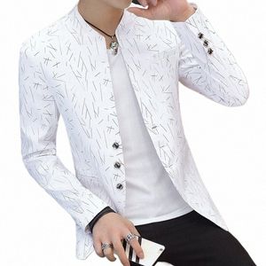 boutique Printing Men Suit Jacket New Fi Stand Neck White Purple Male Blazer Casual Busin Office Chic Slim Mao Suit Coat d0On#