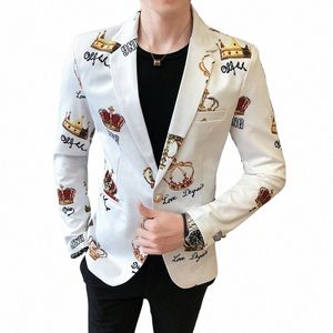 crown Printing Men's Blazer Wedding Busines Clothing Men's Slim Tuxedo Spring Casual Men's Party Stage Formal Suit Dr Jacket 96dQ#