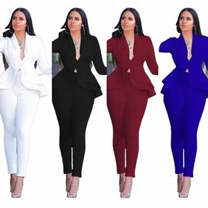 Novas Mulheres Inverno Conjunto de Treino Manga Completa Ruffles Blazers Lápis Calças Terno Duas Peças Set Office Lady Outfits Uniforme 54jB #