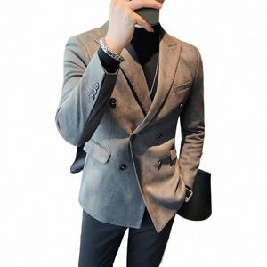 2023 Autumn Winter Suede Blazers Men Double-breasted Butts Casual Busin Suit Jacket Streetwear Social Blazer Masculino U29z#