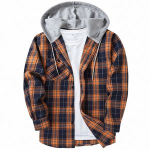 spring Autumn Men's Checkered Shirt Hooded Flannel Warm Fi Luxury Elegant Shirts For Men Blouse Clothing 21KY#