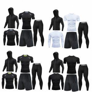 gym Rguard Men's Fitn 5piece/Set Classic Black Training Tight Sportswear Running Compri Suit Jogging Sport Sleeve P86B#