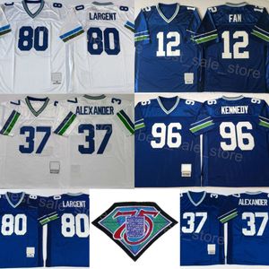 Retro Futebol 1945 Retrocesso 80 Steve Largent Jersey 75º Aniversário 37 Shaun Alexander 96 Cortez Kennedy 12 12º Fan Vintage Costurado Azul Branco Boa Qualidade