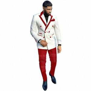 FI White Men Suits Slim Fit Double Breasted Blazer Pants 2 Pieces skräddarsydda lyxbusin Party Bröllopsmobor för män C6KF#