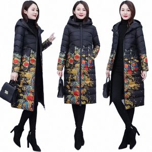 Winter Fall Women Ploral Pattern Dark Whooded Whooded Duck Duck Down LG Coat ، Woman 6XL 5XL FR المعاطف المطبوعة مع غطاء محرك السيارة M4KT#