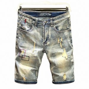 summer ripped denim shorts men's trendy slim five-point pants student nostalgic shorts thin secti men short jeans p3Dj#