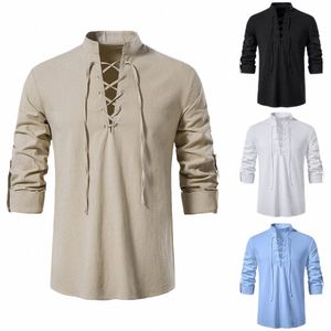 men's Cott Linen Shirts Lg Sleeved Shirt V Neck Casual Blouse Spring Summer Thin Frt Lace Up Tops Breathable Men Clothing X82F#