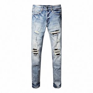 High Street Fi Homens Jeans Retro Blue Stretch Skinny Fit Rasgado Jeans Homens Impresso Remendado Designer Hip Hop Marca Calças Hombre P4LY #