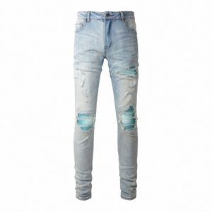 Street fi designer män jeans retro ljusblå elastisk smal lapp rippade jeans män punk byxor hip hop varumärke byxor hombre l8vc#