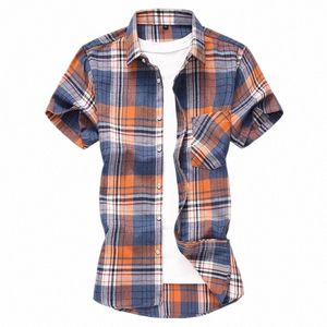 Listrado xadrez camisa de manga curta masculina single-breasted gola quadrada cott camisas verão fi casual camisa masculina chemise 7xl e4s3 #