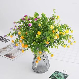 Декоративные цветы, пластиковый искусственный цветок с 7 вилками и эвкалиптовым растением для моделирования зеленого забора в горшке