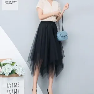 Skirts Women's Irregular Tulle Skirt Long High Waist Pleated A- Line Dress Woman Mujer Faldas Saias Mulher