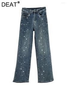 Womens Jeans High Waist Black Straight Wide Leg Full Diamonds Stripes Plush Thick Warm Denim Pants 2024 Spring Fashion