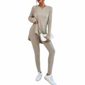 Lässige zweiteilige Set-Frauen-Outfits 2024 Herbst / Winter Neue Fi Solid Strick LG-Ärmel Pullover Lose Hosenanzug Elegante C8Rg #