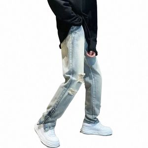 trousers Torn Skinny Men's Jeans Slim Fit Man Cowboy Pants Broken with Holes Straight Ripped Slits Tight Pipe Zipper Trend 2024 h5Gl#