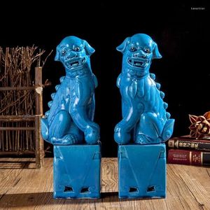 Estatuetas decorativas chinesas jingdezhen cerâmica porcelana azul foo fu guarda cão guarda de estátua de leão
