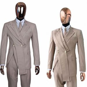 khaki Men' s Suit 2 Pieces Blazer Pants One Butt Mixed Peaked Lapel Slim Jacket Fi Tuxedo Busin Modern Wedding Groom x27H#